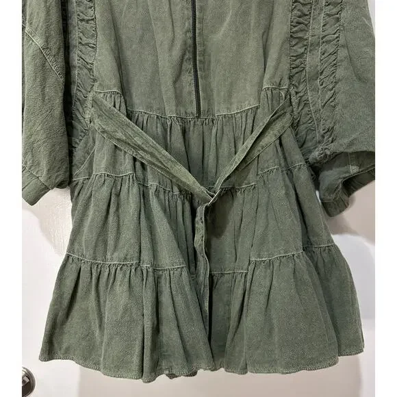 Free People Hampton Belted Mini Dress Crystal Kelp Cotton Size Medium NWOT Chic Mini